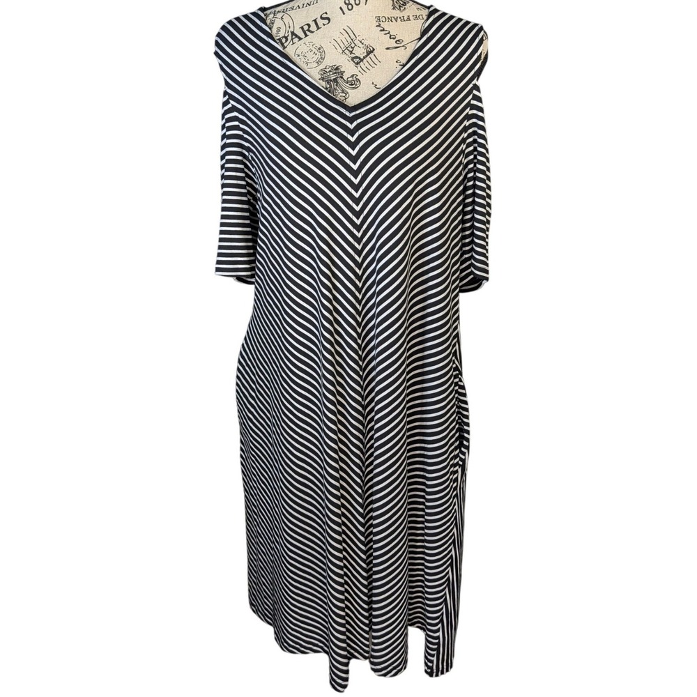 Nina Leonard Womens Black White Striped Cold Shoulder Midi Dress with Pockets M